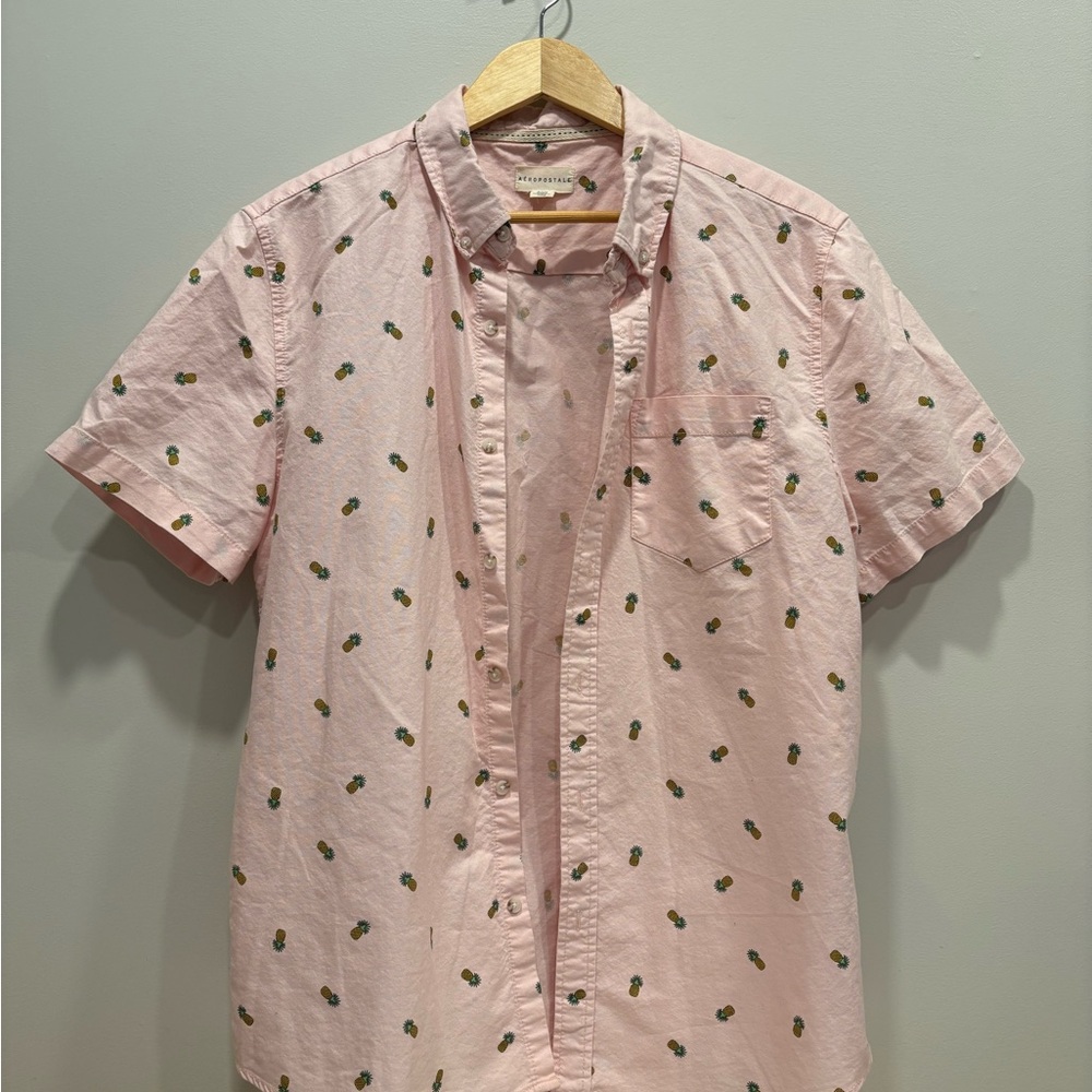 Aeropostale Light Pink Short-Sleeve Button-Up with Pineapple Print